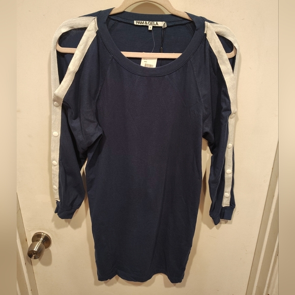 Pam & Gela NWT Navy Cold Shoulder Lace Up Back Mini Dress Sz S Sporty Casual - Picture 1 of 10